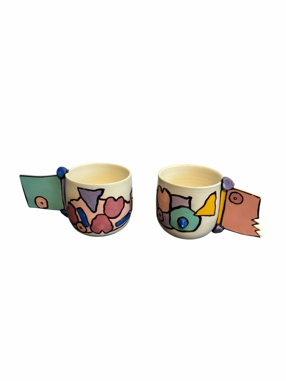 Lynn Sherban Studio Pottery Post-Modern Abstract Geometric Wing Handle Mugs Set